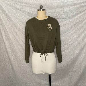 Olive Army Green Drawstring Bottom Long Sleeve Shirt Daisy Print Back Quote